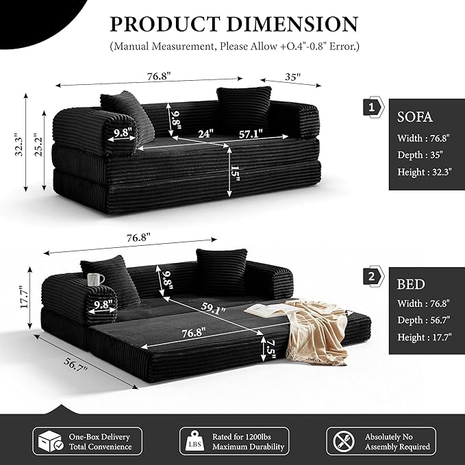 Boneless Couch Sofa Bed Sectional Couches for Living Room,Futon Cloud Couch with Sleeper Sofa,Sofas for Living Room Oversized Corduroy Upholstered (Black)