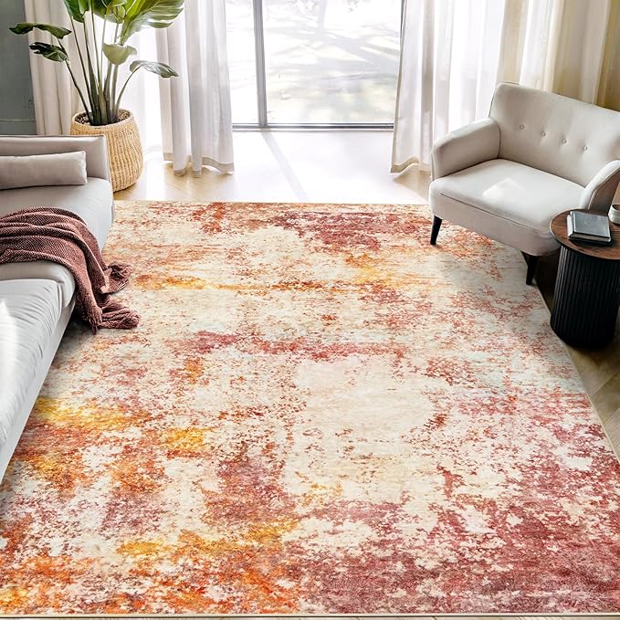 Area Rug Living Room Rugs - 5x7 Washable Modern Neutral Abstract Rugs Soft Low Pile No Slip Stain Resistant Rug Indoor Large Carpet for Bedroom Dining Room Nursery Room Home - Pink/Orange