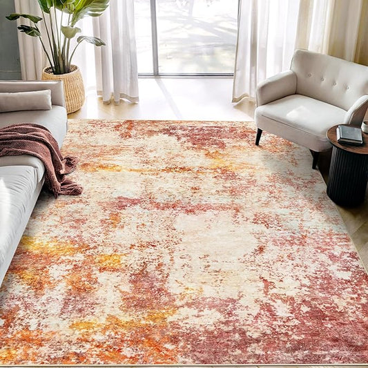 Area Rug Living Room Rugs - 5x7 Washable Modern Neutral Abstract Rugs Soft Low Pile No Slip Stain Resistant Rug Indoor Large Carpet for Bedroom Dining Room Nursery Room Home - Pink/Orange
