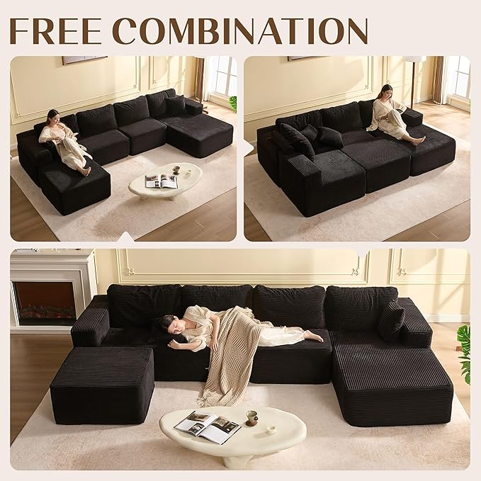 138" Boneless Couch with Deep Seat, Modular Sectional Sofa, Cloud Sectional Couch for Living Room, No Assembly Required, Corduroy, U-Shape 4 Seater Right, Black