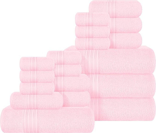 BOUTIQUO 100% Cotton Towel Set, Contains 4 Soft Bath Towel, 6 Hand Towels, 8 Wash Cloths - Compact Absorbent Lightweight & Quickdry Towels for Bathroom - 18 Piece Bathroom Towel Set - Pink