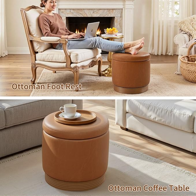 Round Storage Ottoman,Swivel Vanity Stool-Leather Foot Rest,Upholstered Footstool Pouf with Sturdy Acacia Wood Frame(500 lbs),Small Coffee Table & Hidden Storage Ottoman for Living Room