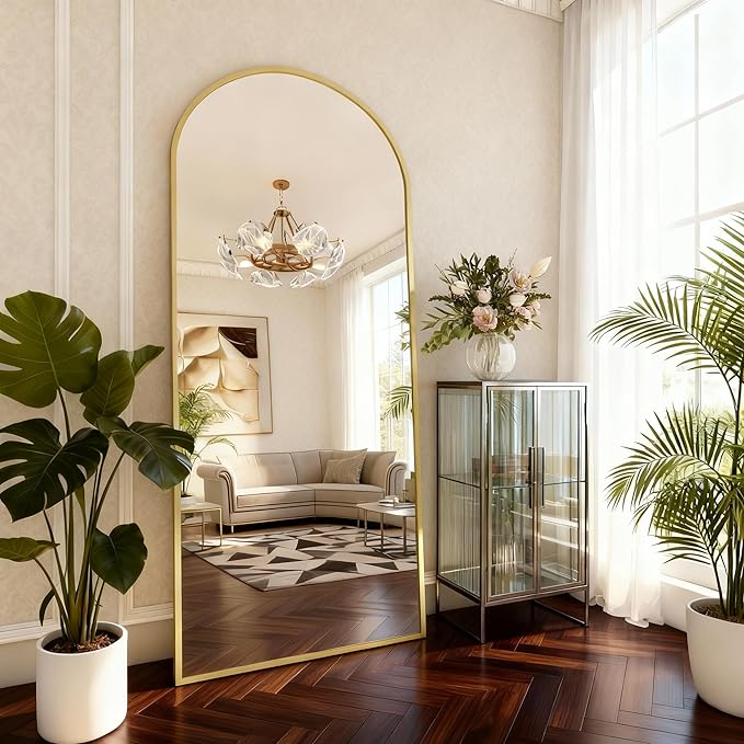 Arched Full Length Mirror, 71" L x 32" W Floor Mirror, Aluminum Alloy Frame, Shatterproof Glass - Free Standing, Leaning or Wall Mounted for Bedroom, Living Room, Entryway, Modern Home (Gold)