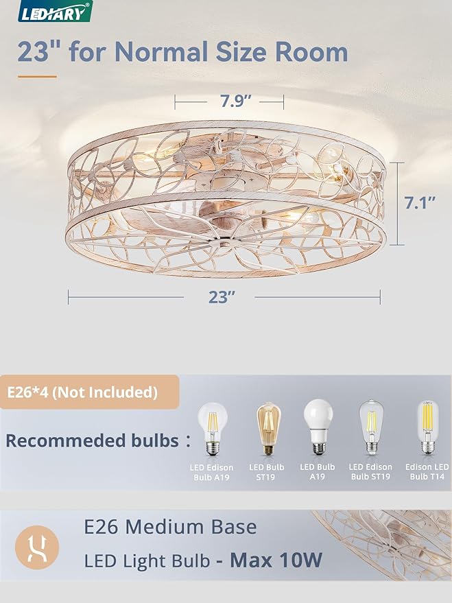 LEDIARY 23 Inch Caged Ceiling Fans with Lights, White Flush Mount Ceiling Fan with Remote, Large Low Profile Bladeless Ceiling Fan Light Fixture for Bedroom, Kitchen, Dining Room-White Gold Color