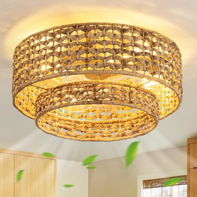 Boho Caged Ceiling Fan with Lights Flush Mount, Handwoven Layered Rattan Fandelier ceiling fan with Remote Control, Reversible 6-Speed Enclosed Ceiling Fan Light for Bedroom, Living Room, Nursery, E26