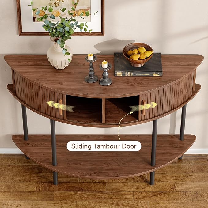 ONBRILL Half Moon Fluted Console Table, Entryway Table with Storage, Mid-Century Modern Sofa Tables, Behind Couch Tables, for Entryway, Hallway, Living Room, Small Spaces, Walnut