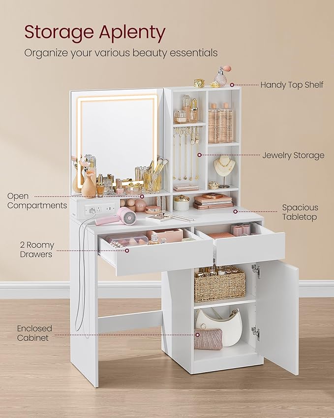 VASAGLE KAILYN Collection - 35.4-Inch Wide Vanity Desk with Mirror and Lights, Power Outlets, Vanity Table Set with Stool, Jewelry Storage, Adjustable Shelves, for Bedroom, Cloud White URDT132W02