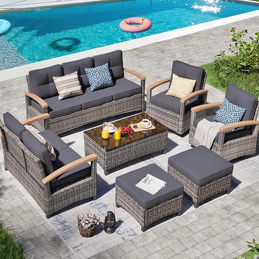 MEISSALIVVE Patio Furniture Sets, 7 Pieces Outdoor Rattan Furniture Conversation Sets with 2 Wood Armrests Swivel Rocker Chairs, 2 Ottoman, 3-Seat Sofa, 2-Seat Sofa and Coffee Table(Grey)