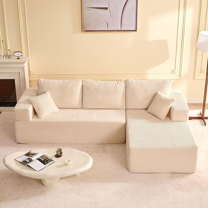 107" Boneless Couch with Deep Seat, Modular Sectional Sofa, Cloud Sectional Couch for Living Room, No Assembly Required, Corduroy, L-Shape Right?White