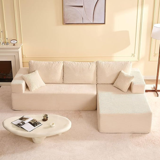 107" Boneless Couch with Deep Seat, Modular Sectional Sofa, Cloud Sectional Couch for Living Room, No Assembly Required, Corduroy, L-Shape Right?White