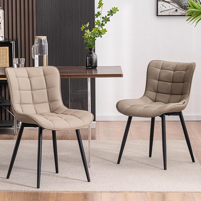 YOUTASTE Khaki Dining Chairs Set of 2, Comfy Faux Leather Upholstered Kitchen Chairs with Black Metal Legs, Mid-Century Modern Design, Accent Chair for Dining Room, Bedroom, Reception