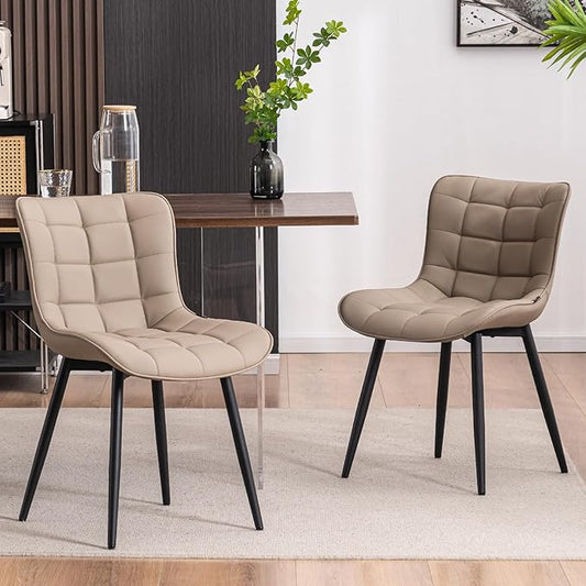 YOUTASTE Khaki Dining Chairs Set of 2, Comfy Faux Leather Upholstered Kitchen Chairs with Black Metal Legs, Mid-Century Modern Design, Accent Chair for Dining Room, Bedroom, Reception