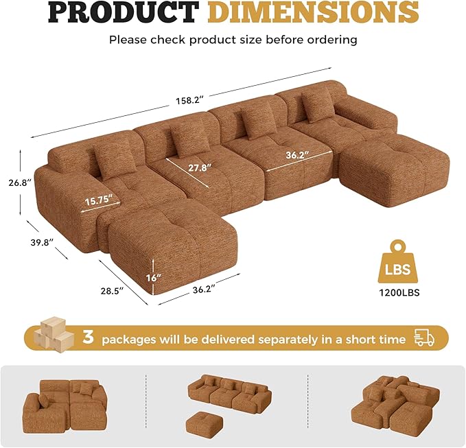 158" Modern U Shaped Modular Sectional Sofa, Boneless Couches for Living Room with Ottoman,6 Seater Convertible Chenille Cloud Couch Sofa Set, No Assembly Required, Orange 1 PCS