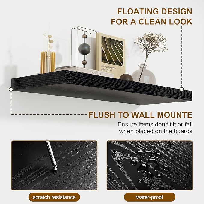 Fun Memories 55 Inch Floating Shelves for Wall 2 Pack Shelves for Bedroom|Kitchen|Bathroom Wall Mounted Rustic Wood Floating Shelf with Invisible Brackets for Books|Storage|Decor, Black