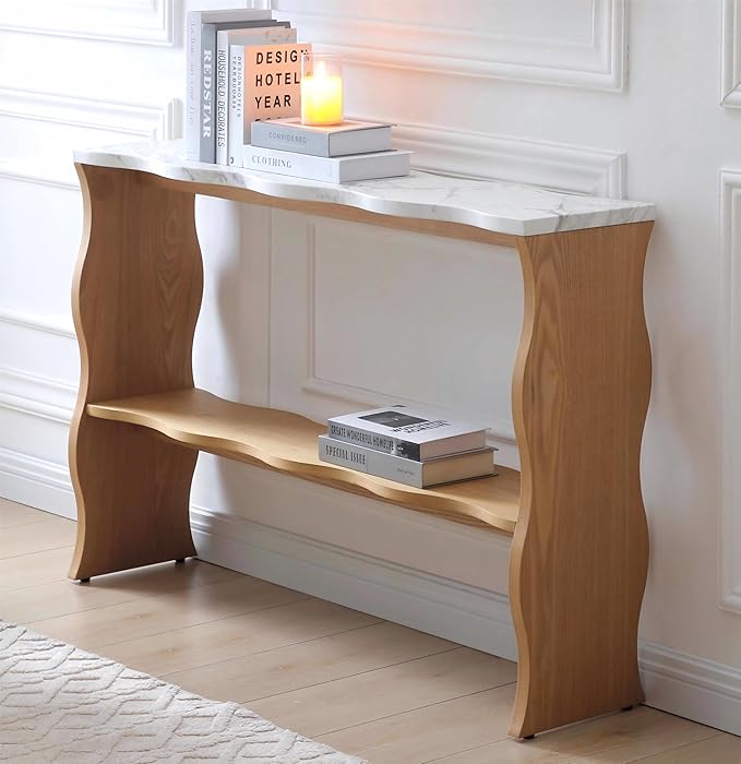 47-Inch Long Console Table, Marble Wooden Rectangular Sofa Table Behind The Couch, with Storage Shelf, Farmhouse Entryway Table for Entrance, Hallway, Living Room (Marble+Wood)