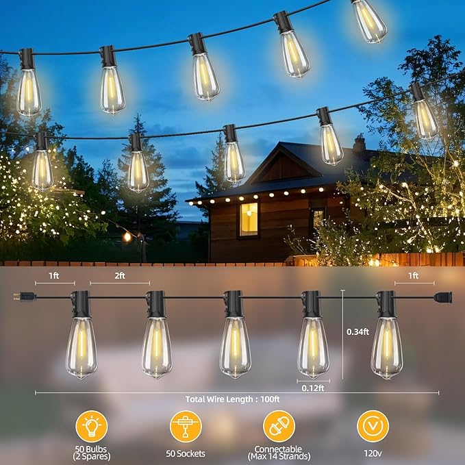 ST40 LED Outdoor String Lights 100FT with 50+2 Bulbs, E17 Socket, 0.6W, 2700K Warm White–Connectable for Garden, Backyard, Bistro, Patio, Porch, Deck, Gazebo, Party Decor