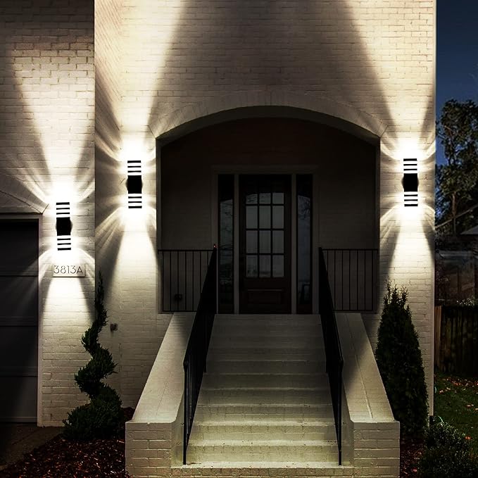 tewei 1 Pack LED Square Up and Down Lights Outdoor Wall Mount Light, 3-Layer Black Modern Outdoor Lights for House, IP65 Waterproof Aluminum Exterior Lamps for Front Porch Garage, Warm White 3000K