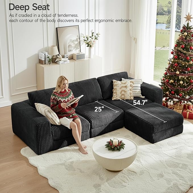 ONBRILL 110" Modular Sectional Sofa,L Shaped Couch 4 Seater with Sleeper Chaise, Sectional Couch with Deep Seat,Upholstered Corduroy Cloud Couches for Living Room,Bedroom,No Assembly Required,Black