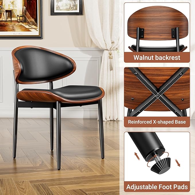 Dining Chairs Set of 8, Dining Room and Kitchen Chairs, Mid Century Modern Retro Chair, Upholstered PU Leather Chairs for Vanity with Walnut Bentwood and Metal Legs (Black)