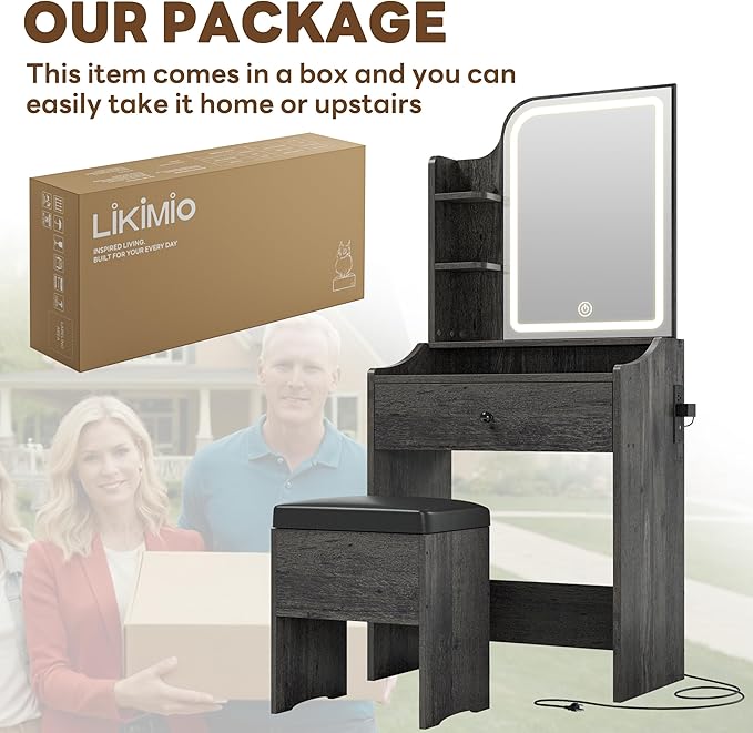 LIKIMIO Small Makeup Vanity Desk with Mirror and Lights, Vanity Table Set with Storage Drawer, Chair and Three Shelves, Bedroom, Charcoal Grey