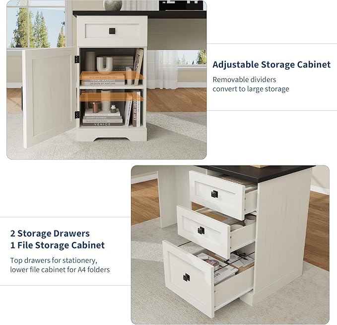 GarveeHome 60" Executive L Shaped Desk, Farmhouse Home Office Desk with File Drawers and Storage Cabinet, Corner Computer Desk with Adjustable Side Storage Cabinet (Black)