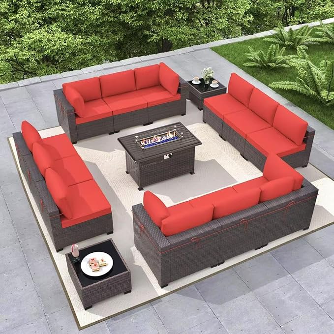 Gotland 15 Pieces Patio Furniture Set with Fire Pit Table, All Weather Rattan Outdoor Furniture with 29.5'' High Backrest 4’’ Thick Cushions Coffee Table, Patio Set for Porch, Deck, Backyard, Red