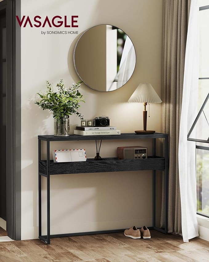 VASAGLE 2-Tier Entryway Table, Narrow Console Table, Semi-Open Compartments, 9.4 x 39.4 x 31.5 Inches, for Hallway, Living Room, Ebony Black and Ink Black ULNT091B01