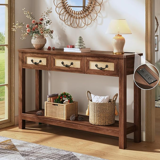 47.2" Console Table with 3 Rattan Drawers, Long Sofa Table with Storage Behind Couch, Farmhouse Entryway Table with Power Outlet & Open Storage for Entrance/Hallway/Foyer/Living Room, Walnut