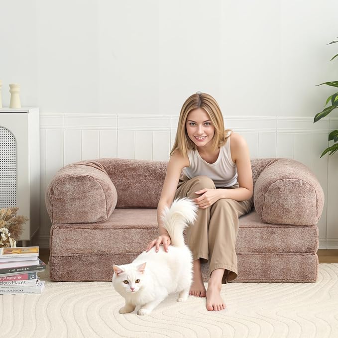 COMAX 4-in-1 Futon Sofa Bed, Queen Size Foldable Couch with L-Shaped Armrests, Convertible Sleeper Chair Bed, Comfortable Lounge Mattress for Living Room and Bedroom, Snow Brown