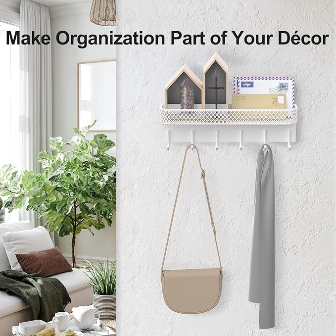 Key Holder for Wall – Decorative Stainless Steel Key Hanger with 6 Hooks for Hats, Bags, Leashes – Mail Holder Key Rack with Mounting Hardware and Guide (9.65” x 2.8” x 2.2”) (White)