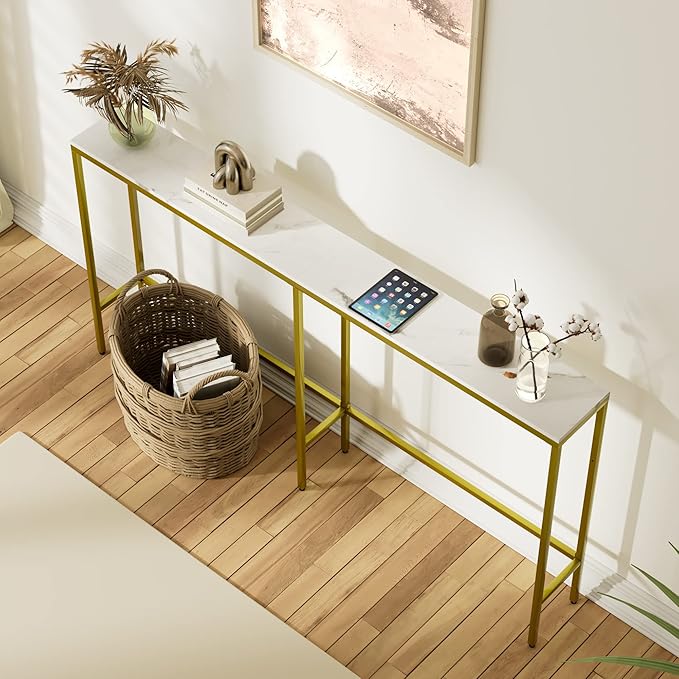 63" Console Table,Modern Narrow Long Sofa Table Behind Couch,Skinny Entry Table with Gold Metal Frame for Living Room, Hallway,Marble White