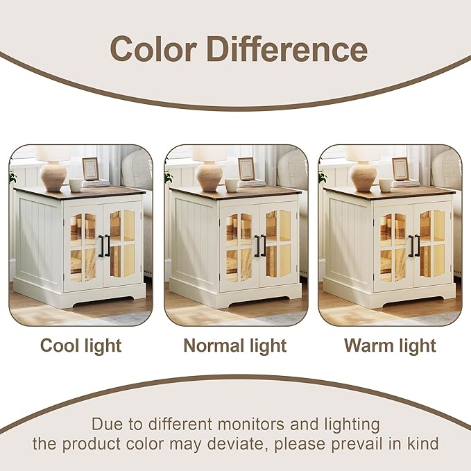 ChooChoo Farmhouse End Tables Set of 2, 24" Large Sofa Side Table with LED, Rustic Square Nightstand Set 2 with Glass Barn Door, Bedside Table with Storage for Living Room Beige（Cream and Brown
