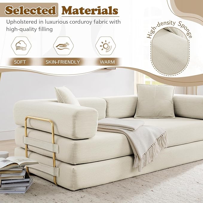 Antetek Convertible Futon Sofa Bed, 3-Seater Modern Corduroy Foam Floor King Size Bed Fold Out Sleeper Lounge Loveseat Sofa Couch with 2 Throw Pillows for Living Room Bedroom Guest Room, Beige