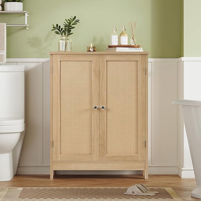 Iwell Storage Cabinet, Rattan Cabinet with Adjustable Shelf, for Living Room, Entryway, Kitchen, Home Office, Nature
