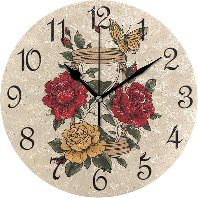 Wall Clock Vintage Hourglass Silent Non-Ticking Decorative Round Wall Clocks Battery Operated for Office Home Living Room Kitchen Bedroom 10 Inch