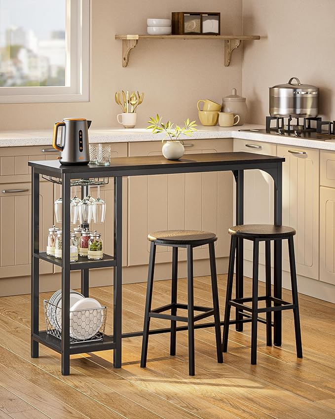 Small Bar Table Set for 2, Bar Table and Chairs Set for 2, Kitchen Table for 2 with 2 Storage Shelves & Wine Glass Holder, Dining Table for Small Apartment, Dining Room, Black