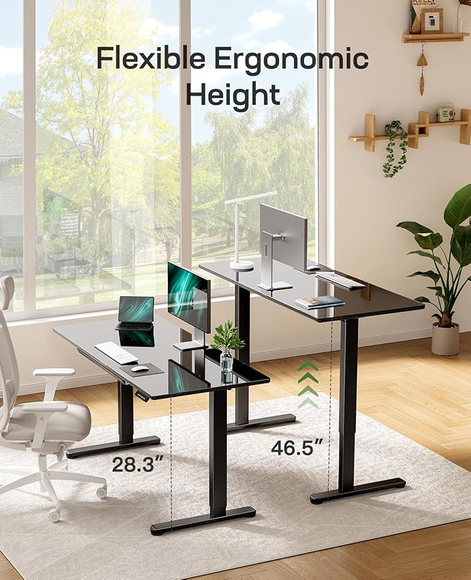 Marsail Glass Electric Standing Desk with Drawer, 48 x 24 Inches Height-Adjustable Desk, One-Piece Tempered Glass Top, Ergonomic Home Office Sit Stand Desk with 4 Preset Heights, Black