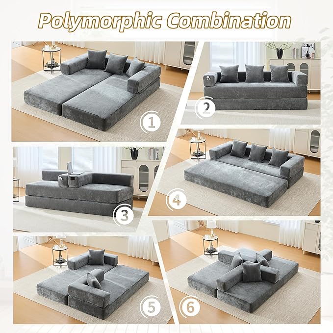 Convertible Floor Sofa Bed with Storage Pocket, Chenille Folding Mattress Sofa with Zipper Closure, Floor Lounge Couch for Living Room, Bedroom, Studio -Gray