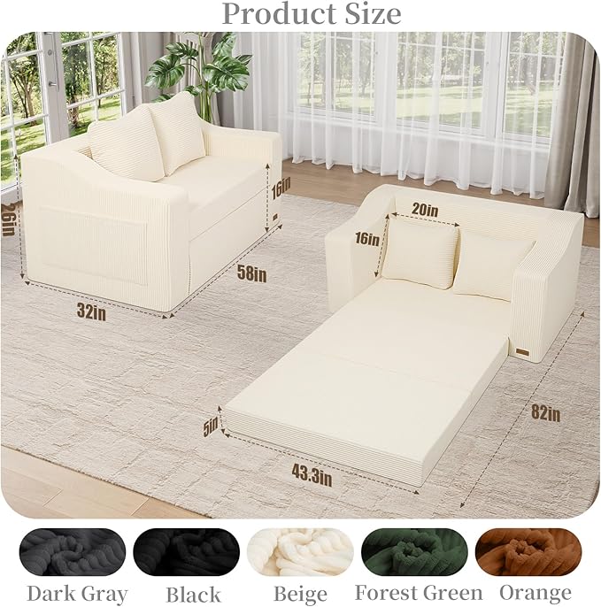 MeMoreCool Convertible Sofa Bed, Pull Out Loveseat Sofa Sleeper Couch for Bedroom Living Room Lounge, 2 in 1 Small Couch Bed with Pillow, Foldable Love Seat Futon Corduroy Beige