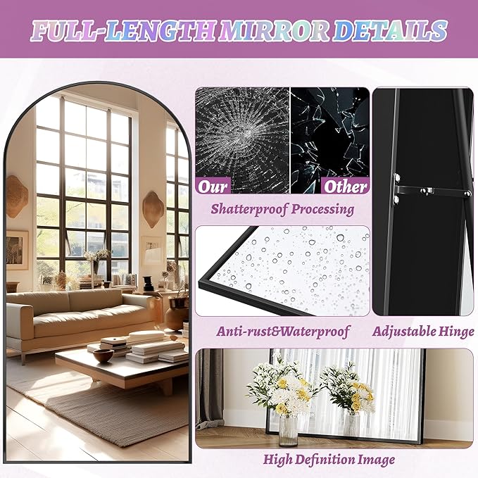 Full Length Mirror, 78"x38" Arched Floor Mirror Freestanding, Floor Standing Full Body Mirror with Stand for Bedroom, Hanging Mounted for Living Room Cloakroom, Black