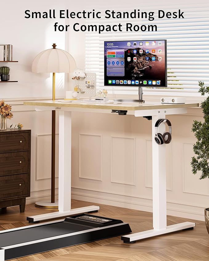 Okin Small Electric Standing Desk, 40" x 24" Whole Piece Height Adjustable Oak Sit to Stand Desk Computer Workstation for Home Office