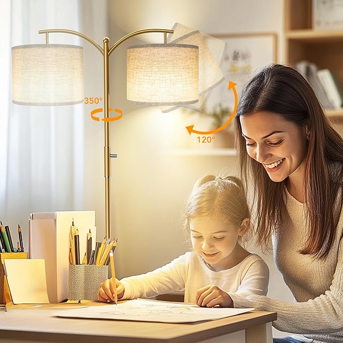 Dimmable Floor Lamp, Arc Floor Lamps for Living Room, Stepless Dimming Modern Standing Lamp with Linen Shade, Tall Lamp for Bedroom Office Dining Room- Gold