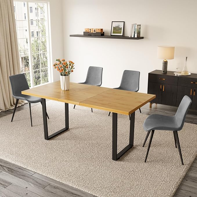 ZckyCine Modern Dining Table Set for 4-6 People Kitchen Dining Room Table Set Extendable Wood Dining Table and 4 Upholstered Chairs, Home Kitchen Furniture