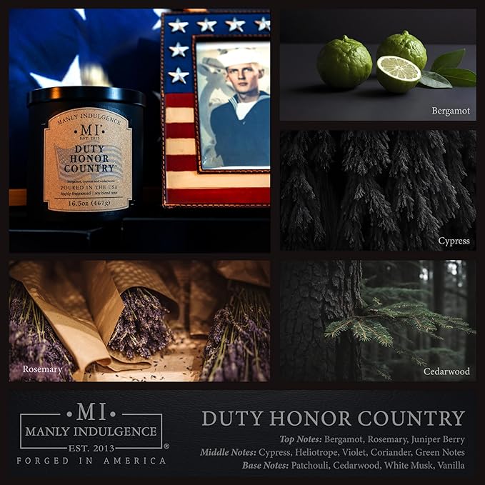 Manly Indulgence Duty Honor Country Scented Jar Candle, 2 Wick, 16.5 oz Premium Soy Blend Wax, 60H Burn, Candles for Home Scented - Made in The USA