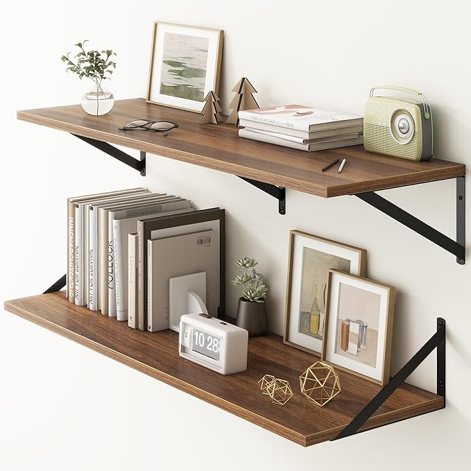 Fun Memories 40 Inch Floating Shelves, 12 Inch Deep Wall Shelf, 40 x 12 Floating Shelf Set of 2, Wood Floating Shelf Wall Mounted, Large Kitchen Living Room Bedroom Storage Shelves, Walnut