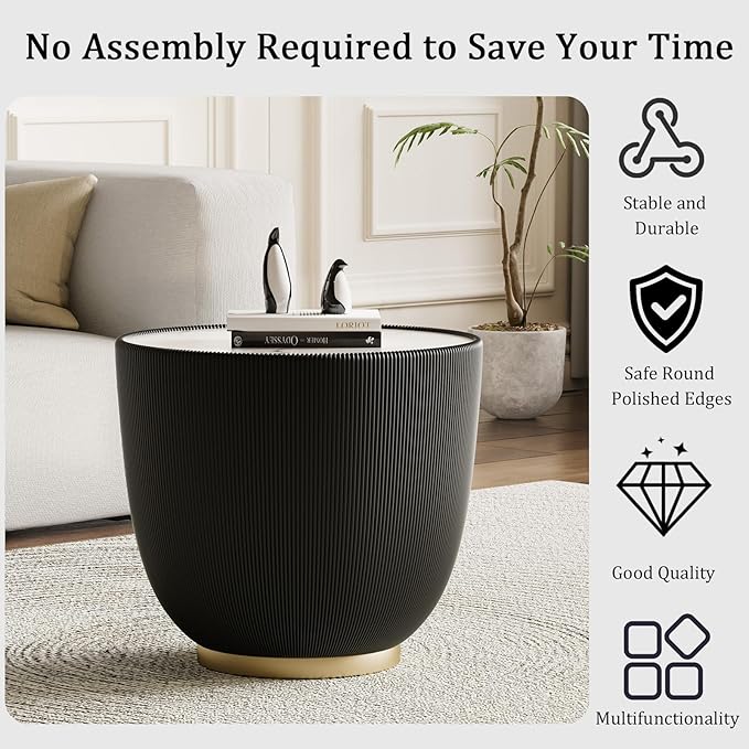 Round Coffee Table Set with Sintered Stone Tabletop, 27.56" White Drum Center Table and 19.69" Black Coffee Table Set, 2 Pieces Living Room Table Set with Fluted PU Leather Cover& Metal Base