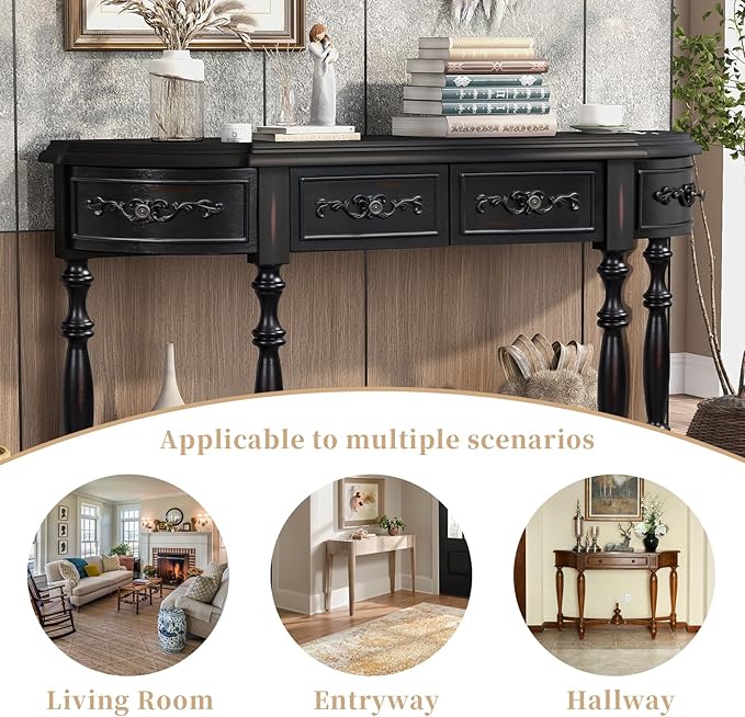 HMFULE Retro Curved Console Table, 52" Solid Wood Half Moon Console Table Sofa Table with 4 Drawers 1 Open Shelf for Living Room,Entryway,Hallway,Black