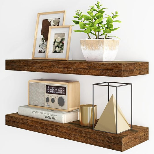 Fun Memories Floating Shelves for Wall, 24Inch Floating Shelves Set of 2, Hanging Shelf with Invisible Brackets, Wood Shelves for Living Room, Bedroom, Kitchen, Brown