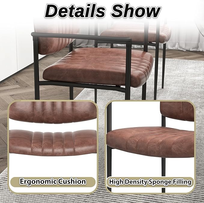 Mid-Century Modern PU Leather Dining Chairs Set of 4, Upholstered Kitchen Chairs with Arms and Metal Legs Adjustable Feet for Kitchen Dining Room(Brown)