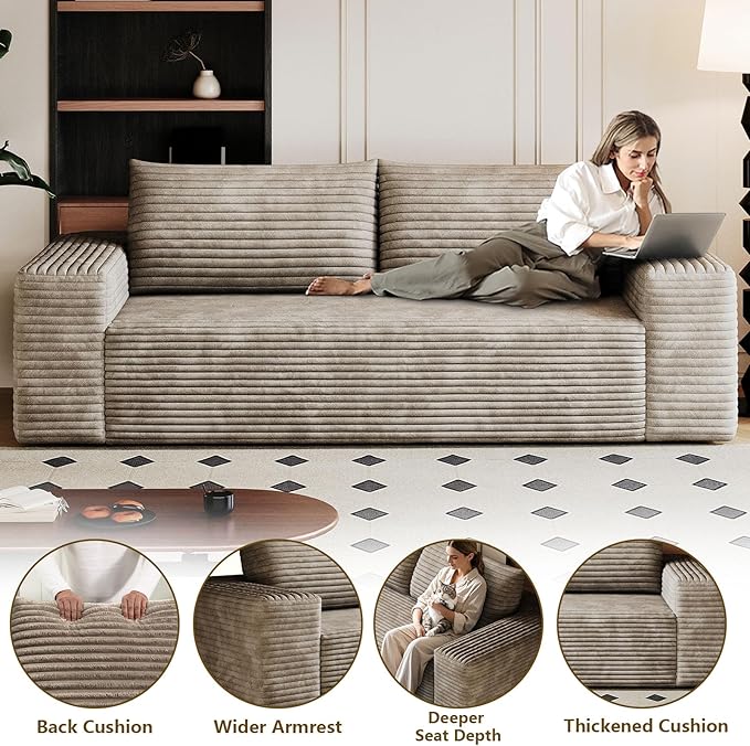 63" Boneless Loveseat Sofa - Cloud Couch with Memory Foam, Comfy Deep Seat - Corduroy Floor Sofa, No Assembly Required - Small Space Friendly for Living Room, Bedroom, Apartment, Camel